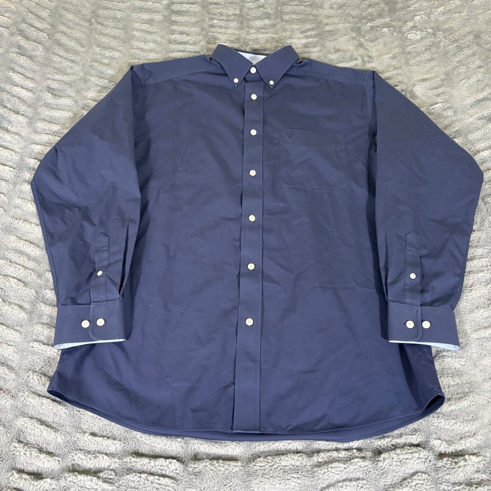 Ariat Mens Large Wrinkle Free Navy Blue Long Sleeve Button Down Shirt Solid